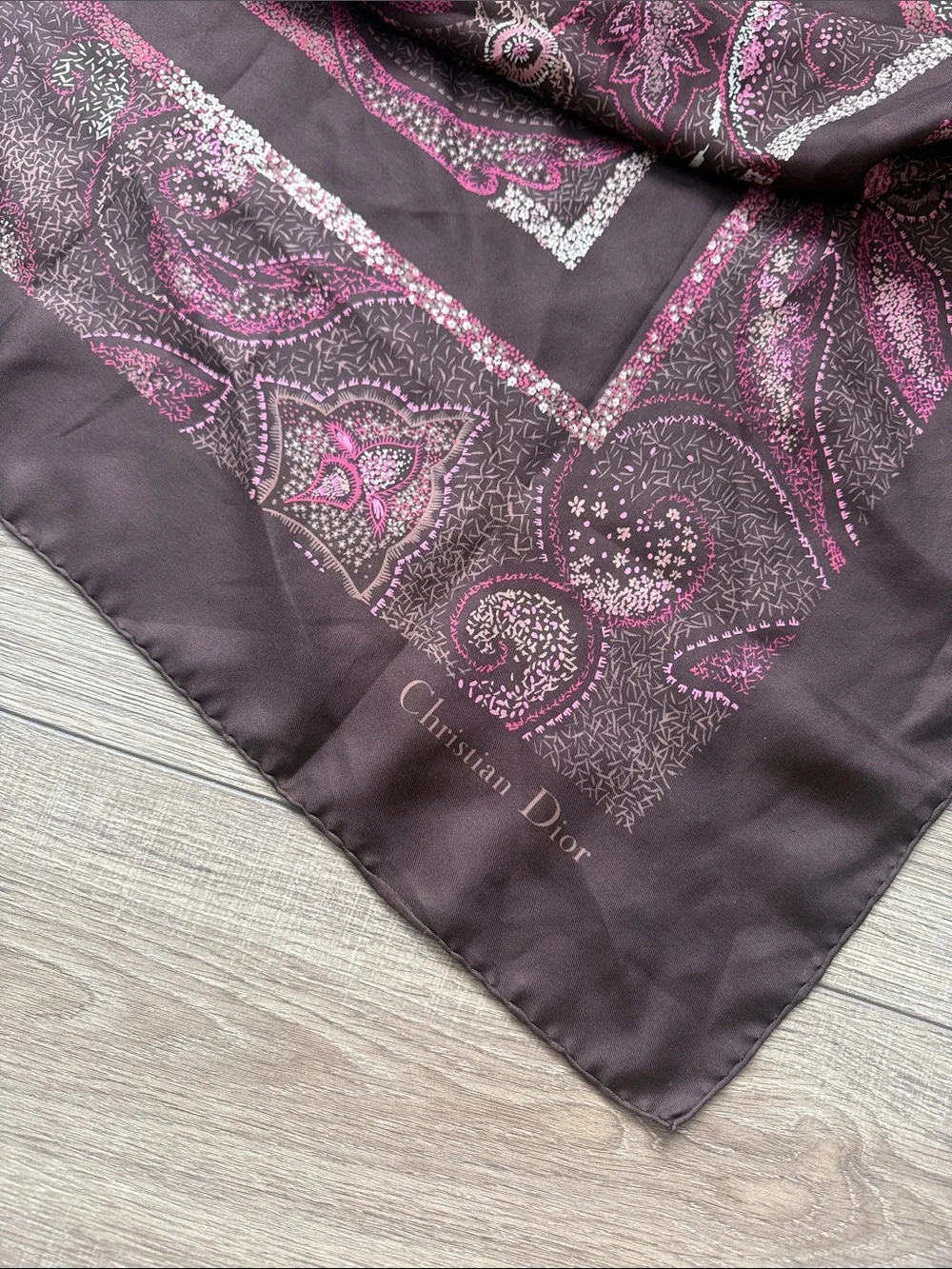 Christian Dior large Vintage burgundy pink brown silk scarf
